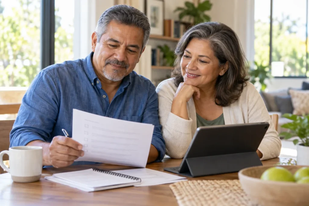 Couple reviewing a checklist and tablet at home while preparing for Medicare