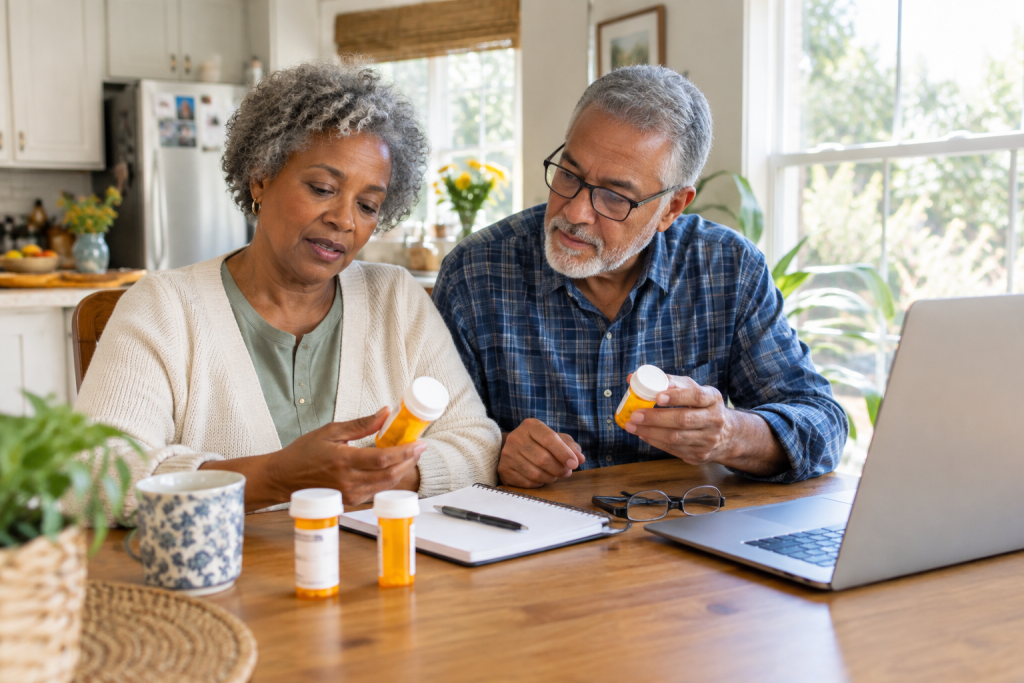 Older couple reviewing prescription medicine costs and health coverage information at a kitchen table