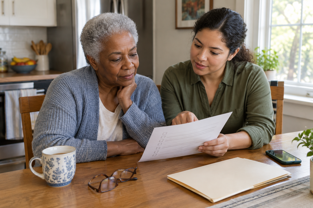 Older adult and caregiver reviewing health coverage information at a kitchen table