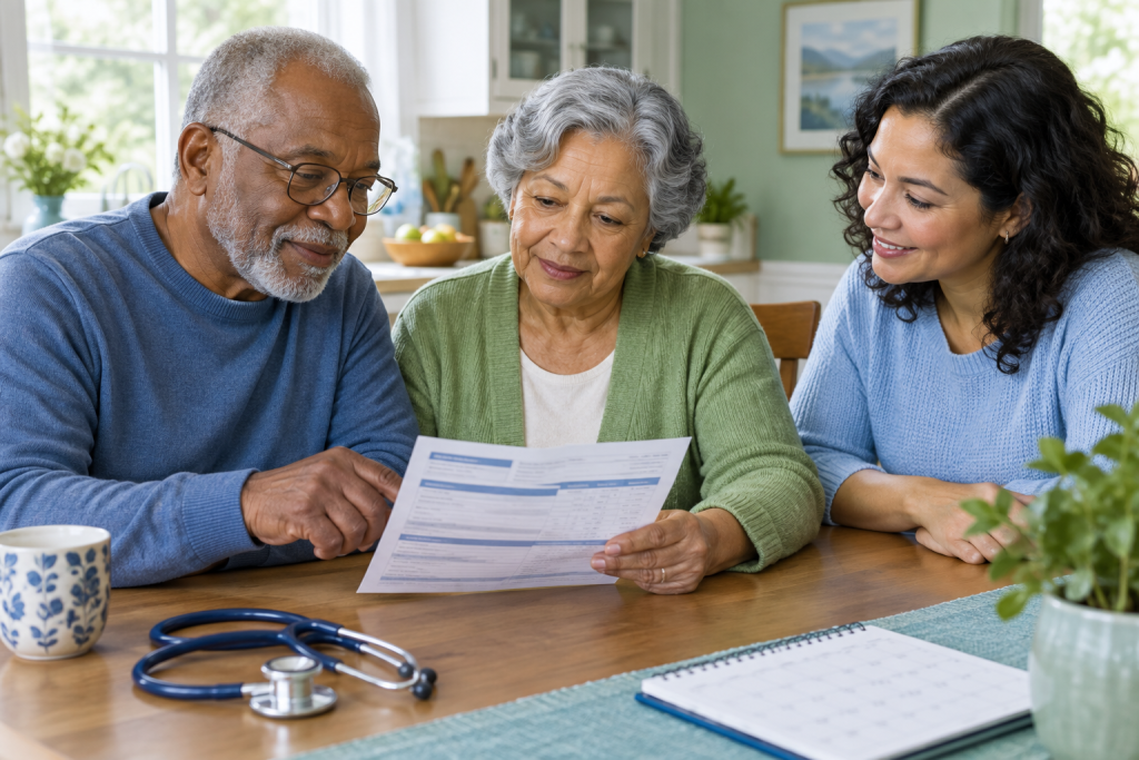 Older adults reviewing Medicare Part B information at a kitchen table