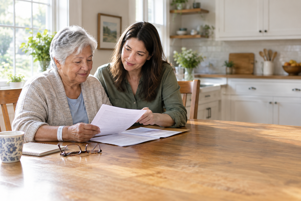 Older adult and family member reviewing Medicare hospital coverage paperwork at a kitchen table
